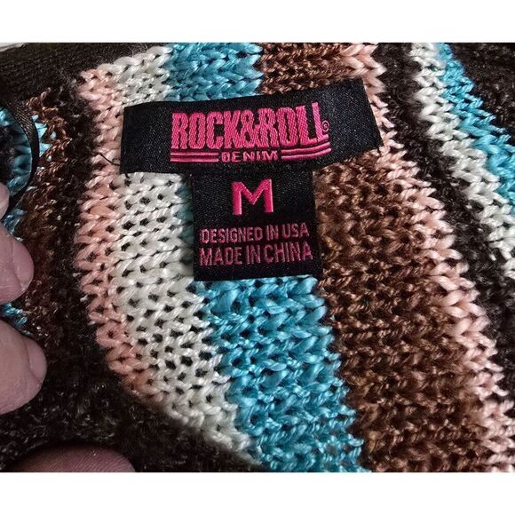 Rock & Roll Denim Striped Knit Sweater With Hood - Brown/Blue/White/Pink Boho - Picture 8 of 8